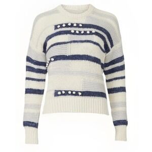 Madewell Evergreen Yarn Mix Bobble Popover Cream Ivory Navy Stripe Blue Sz Large